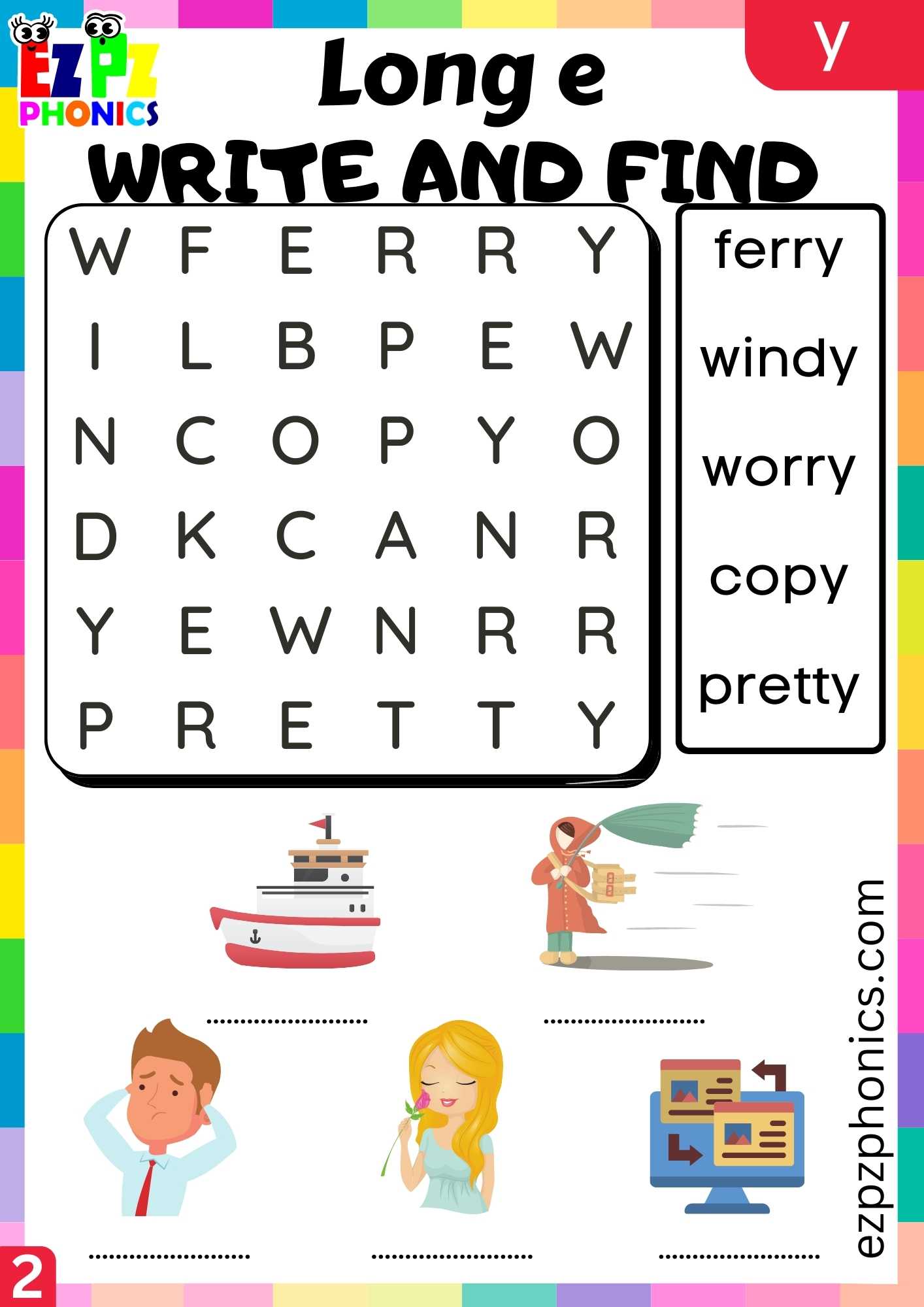 Group2 Y Words Write And Find Long E Phonics Worksheet
